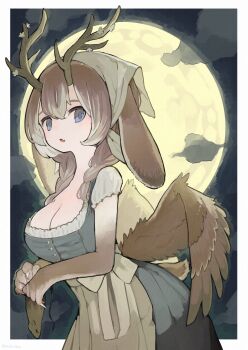 1girl absurdres animal_ears antlers apron bow braid breasts brown_hair buttons claws cleavage cloud commentary_request cryptid dead_animal dress fang framed full_moon grey_eyes hair_between_eyes headscarf highres horns large_breasts low_twintails low_wings moon mouse_(animal) multicolored_hair night original outside_border rabbit_ears rabbit_tail sakutake_(ue3sayu) short_hair sidelocks solo tail twintails two-tone_hair white_headscarf wings wolpertinger_girl