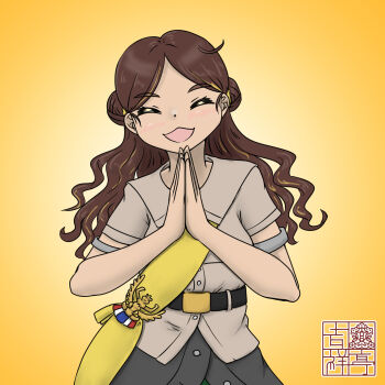 1girl :3 artist_logo black_skirt brown_hair brown_shirt closed_eyes commentary_request double_bun gradient_background hair_bun highres kantai_collection kisshoutei logo long_hair military_uniform orange_background own_hands_together sash shirt skirt smile solo thonburi_(kancolle) wavy_mouth yellow_sash