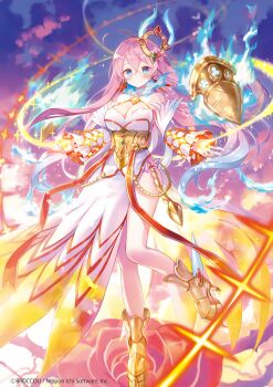 1girl ahoge aqua_hair aura blue_eyes breasts cleavage closed_mouth copyright_notice dress gold_shoes gradient_hair gradient_sky hair_between_eyes hair_ornament ibara_riato kamiyugi_sakura large_breasts long_hair multicolored_hair official_art pink_hair shoes sky sleeveless solo sparkle white_dress z/x