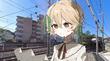 1girl blue_sky bow brown_eyes building day dot_nose green_bow hair_between_eyes hair_bow highres holding holding_map ijou_(actorstrangeluv) looking_at_map map nurse_robot_type_t outdoors parted_lips photo_background power_lines railroad_tracks short_hair sky solo sweat utau