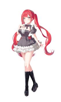 Rule 34 | 1girl, absurdres, akane lize, black boots, boots, bow, bowtie, breasts, center frills, cleavage, cleavage cutout, clothing cutout, commentary, dress, dress bow, flower, frilled dress, frills, full body, grey bow, grey bowtie, grey dress, grey eyes, hair ornament, hairclip, hand on own chest, hand up, high heel boots, high heels, highres, lace-up boots, large breasts, long hair, looking at viewer, multicolored hair, parted bangs, parted lips, platform boots, puffy short sleeves, puffy sleeves, red flower, red hair, red rose, ri yonn, rose, short dress, short sleeves, simple background, solo, stellive, streaked hair, twintails, very long hair, virtual youtuber, walking, white background