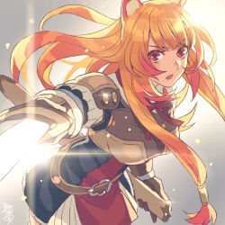 Rule 34 | 1girl, animal ears, armor, black dress, breastplate, breasts, brown gloves, commentary request, cowboy shot, diffraction spikes, dress, floating hair, glint, gloves, grey background, hair tubes, highres, holding, holding sword, holding weapon, long hair, long sleeves, looking at viewer, medium breasts, minami seira, neck ribbon, open mouth, orange hair, pauldrons, raccoon ears, raccoon girl, raphtalia, red dress, red eyes, red ribbon, ribbon, scabbard, sheath, shoulder armor, signature, solo, sword, tate no yuusha no nariagari, weapon, white dress