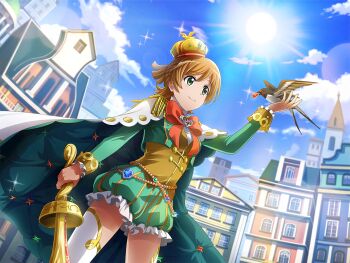 1girl bird blue_sky bow bowtie brown_vest building cape closed_mouth cropped_jacket crown daiba_nana day frilled_shorts frilled_sleeves frills game_cg green_cape green_eyes green_jacket green_shorts hand_up holding holding_weapon jacket long_sleeves looking_at_animal looking_at_viewer official_art orange_hair red_bow red_bowtie short_hair shorts shoujo_kageki_revue_starlight shoujo_kageki_revue_starlight_-re_live- sky smile solo standing sun the_happy_prince_(oscar_wilde) thighhighs two-sided_cape two-sided_fabric upper_body vest waistcoat weapon white_cape white_thighhighs