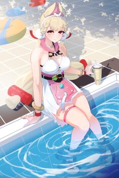 1girl absurdres alice_thymefield alice_thymefield_(sea_of_thyme) animal_ears bare_shoulders belt blonde_hair bracelet breasts cleavage closed_mouth collarbone commentary_request dress_swimsuit drink drinking_straw full_body hair_ornament hairband heterochromia highres in_water jewelry kan_cce long_hair looking_at_viewer low_twintails medium_breasts official_alternate_costume one-piece_swimsuit outdoors pool poolside rabbit_ears rabbit_girl red_eyes shadow sitting smile solo sphere_hair_ornament swim_ring swimsuit thigh_strap twintails watch white_hairband white_one-piece_swimsuit wristwatch yellow_eyes zenless_zone_zero