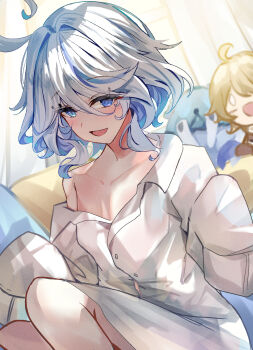 1girl aether_(genshin_impact) bare_shoulders bimmy blue_eyes blue_hair breasts furina_(genshin_impact) genshin_impact hair_between_eyes heterochromia highres long_sleeves mademoiselle_crabaletta medium_hair multicolored_hair naked_shirt off_shoulder open_mouth shirt smile streaked_hair surintendante_chevalmarin white_hair white_shirt