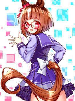 1girl animal_ears blush bow bowtie brown_hair commentary_request ear_ornament ear_ribbon from_behind glasses highres horse_ears horse_girl horse_tail long_sleeves looking_at_viewer looking_back multicolored_hair open_mouth pleated_skirt purple_sailor_collar purple_serafuku purple_shirt purple_skirt red-framed_eyewear red_eyes sailor_collar sailor_shirt school_uniform serafuku shirt short_hair skirt smile solo sugimotty_nova tail tracen_school_uniform transcend_(umamusume) umamusume white_bow white_bowtie white_hair