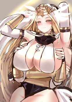 Rule 34 | 1girl, 1other, absurdres, amazake horida, armpits, bikini, bikini top only, blonde hair, blush, breasts, breasts squeezed together, bridal gauntlets, chaos zero nightmare, cleavage, closed mouth, detached sleeves, extra arms, giant, giantess, gold collar, grabbing own breast, headpiece, highres, huge breasts, jewelry, kyrken (chaos zero nightmare), long hair, own hands together, person between breasts, sideboob, swimsuit, veil, white bikini, white veil, yellow eyes