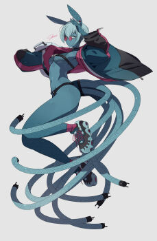 1girl abs absurdres animal_ears areola_slip ass belt_bra blue_eyes blue_skin breasts choker colored_skin earrings glasses highres jacket jewelry looking_over_eyewear looking_over_glasses nail_polish navel no_legwear open_clothes open_jacket original piercing rabbit_ears red-tinted_eyewear red-tinted_glasses ring shoes short_hair signature simple_background sneakers sunglasses tagme tentacles thighs tinted_eyewear ub1mo