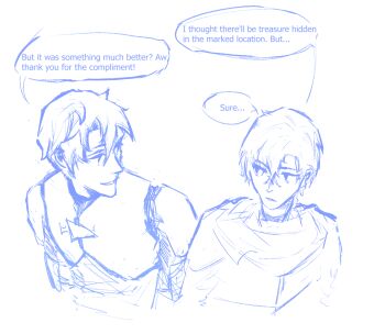 Rule 34 | 2boys, bags under eyes, commentary, crossed bangs, ellieaedon, english commentary, english text, highres, kai (shadow slave), looking at another, male focus, multiple boys, scarf, shadow slave, shoulder pads, speech bubble, sunny (shadow slave), talking, tunic, upper body