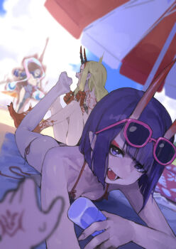 1boy 3girls bare_shoulders beach beach_umbrella bikini black_bikini blonde_hair body_markings breasts colored_extremities eric_ueda eyeliner fate/grand_order fate_(series) fujimaru_ritsuka_(male) horns ibaraki_douji_(fate) katana long_hair looking_at_viewer lying makeup minamoto_no_raikou_(fate) minamoto_no_raikou_(fate/grand_order) minamoto_no_raikou_(swimsuit_lancer)_(fate) minamoto_no_raikou_(swimsuit_lancer)_(third_ascension)_(fate) multiple_girls on_stomach oni open_mouth pov purple_bikini purple_eyes purple_hair red_feet red_hands sash short_hair shuten_douji_(fate) skin-covered_horns small_breasts smile swimsuit sword umbrella weapon
