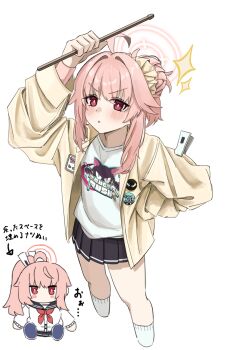 1girl ahoge arm_up black_sailor_collar black_skirt blue_archive blush chibi commentary_request cropped_legs doumu_(31678316) hair_bun halo highres holding jacket long_hair long_sleeves looking_at_viewer multiple_views natsu_(band)_(blue_archive) natsu_(blue_archive) neckerchief open_clothes open_jacket parted_lips pink_hair pink_halo pleated_skirt red_eyes red_neckerchief sailor_collar school_uniform shirt side_ponytail simple_background skirt socks white_background white_shirt white_socks