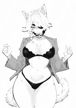 1girl absurdres animal_ear_fluff animal_ears bra breasts choker closed_mouth collarbone commentary curvy english_commentary eyepatch greyscale highres jacket long_sleeves looking_at_viewer miregeist monochrome navel open_clothes open_jacket original short_hair simple_background small_breasts solo standing stomach tail underwear wide_hips