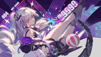 Rule 34 | 1girl, ball, bare shoulders, black gloves, black shorts, cropped jacket, drill hair, drill ponytail, fishnet kneehighs, fishnet socks, fishnets, gloves, grey eyes, grey hair, hair between eyes, headgear, highres, holding, holding removed eyewear, honkai: star rail, honkai (series), jacket, long hair, looking at viewer, lying, mechanical gloves, mechanical tail, open clothes, open jacket, ponytail, shirt, shorts, silver wolf (honkai: star rail), silver wolf (lv.999) (honkai: star rail), single mechanical glove, socks, solo, tail, tinted eyewear, unworn eyewear, very long hair, zxllor