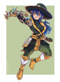 1girl absurdres aiming animal_skin_dress armor armored_boots artist_name black_gloves blue_hair bone boots bow_(weapon) breasts commentary commission crossbow dang_(runescape) english_commentary fingerless_gloves full_body gem gloves green_background hair_between_eyes hat highres holding holding_crossbow holding_weapon joanna_went_bananas leather long_hair medium_breasts old_school_runescape original purple_gemstone red_trim runescape second-party_source simple_background skull_ornament sleeveless sleeveless_turtleneck smile solo spiked_ear_piercing standing thick_eyebrows turtleneck weapon yellow_eyes