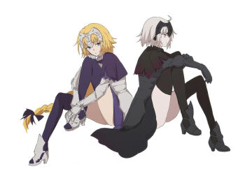 2girls ahoge armor armored_dress blonde_hair braid cape chain commentary dress fate/grand_order fate_(series) faulds fur-trimmed_cape fur_trim gauntlets headpiece jeanne_d'arc_(fate) jeanne_d'arc_(ruler)_(fate) jeanne_d'arc_alter_(avenger)_(fate) jeanne_d'arc_alter_(avenger)_(first_ascension)_(fate) jeanne_d'arc_alter_(avenger)_(third_ascension)_(fate) jeanne_d'arc_alter_(fate) long_braid long_hair multiple_girls nekwnek plackart single_braid very_long_hair yellow_eyes