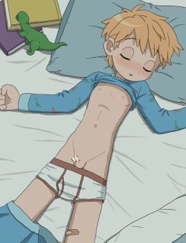 1boy aomuke bar_censor blonde_hair briefs censored closed_eyes highres lying male_focus male_underwear navel nipples on_back original pajamas penis short_hair shota sleeping solo testicles underwear