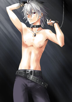 1boy bdsm belt belt_buckle bishounen bondage bound bound_wrists buckle chain chaos;head choker clenched_teeth collar cover cross cross_print earrings goth_fashion hair_between_eyes highres jacket jewelry leather_belt long_hair looking_at_viewer male_focus navel necklace nipples open_clothes pants pectorals phantasm purple_pants red_eyes red_jacket robber-krzk ryo_(chaos;head) science_adventure sideways_glance skull_necklace solo teeth topless_male white_hair