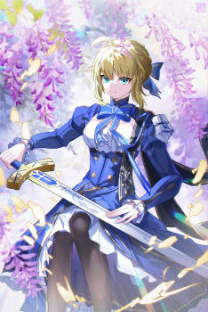 1girl absurdres ahoge aqua_eyes armor artoria_pendragon_(fate) black_pantyhose blonde_hair blue_bow blue_dress bow bowtie braid breasts closed_mouth commentary_request day dress excalibur_(fate/stay_night) fate/stay_night fate/unlimited_blade_works fate_(series) flower frilled_sleeves frills gold_trim highres holding holding_sword holding_weapon honkai:_star_rail honkai_(series) lens_flare long_hair long_sleeves looking_at_viewer pantyhose partial_commentary saber_(fate) saber_(honkai:_star_rail)_(fate) smile solo sword thighs tongyu tree weapon