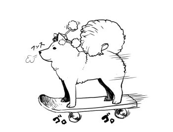 animal_focus animalization greyscale hat highres inubashiri_momiji inubashiri_momiji_(wolf) monochrome no_humans pom_pom_(clothes) puff_of_air simple_background skateboard skateboarding solo tokin_hat touhou wolf yonaki