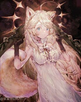 Rule 34 | 1girl, ahoge, animal ears, artist name, bare arms, bare shoulders, black skin, black veil, blonde hair, blue eyes, bow, bowtie, breasts, center frills, character request, chinese commentary, closed mouth, collared dress, colored eyelashes, colored skin, commentary request, cowboy shot, dress, fox ears, fox tail, frills, gradient skin, highres, holding, holding unworn clothes, holding veil, indie virtual youtuber, large breasts, laurel crown, long dress, long hair, looking at viewer, sleeveless, sleeveless dress, smile, solo, space, tail, two-sided veil, veil, very long hair, virtual youtuber, white bow, white bowtie, white dress, yellow veil, yichen wendy