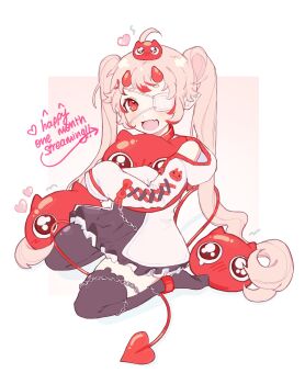 1girl 2023 4others ahoge anniversary black_socks blush ch4i chain choomba creamelier demon_horns highres horns indie_virtual_youtuber kneeling multiple_others pink_hair red_eyes socks twintails white_background