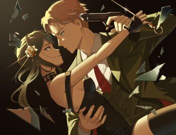 Rule 34 | 1boy, 1girl, black background, black choker, black dress, black eyes, black gloves, black hair, black thighhighs, breasts, choker, collared shirt, dagger, dress, flower, gloves, golden rose, green jacket, green vest, gun, hair flower, hair ornament, hand on another's waist, handgun, hetero, highres, holding, holding gun, holding knife, holding weapon, jacket, knife, lem, looking at another, medium breasts, necktie, parted lips, red necktie, shirt, skindentation, smile, spy x family, stiletto (weapon), thighhighs, twilight (spy x family), vest, weapon, white shirt, yor briar