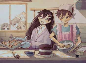 2girls 4boys alternate_costume aubrey_(faraway)_(omori) aubrey_(omori) baking_sheet basil_(faraway)_(omori) basil_(omori) blush bowl bright_pupils brother_and_sister brothers brown_hair cake cardigan closed_mouth collared_shirt commentary dark-skinned_male dark_skin double-parted_bangs english_commentary flower food hair_between_eyes hair_ornament hairclip head_wreath hero_(faraway)_(omori) hero_(omori) highres holding holding_bowl holding_spoon holding_tray indoors kel_(faraway)_(omori) kel_(omori) kitchen_hood long_hair long_sleeves looking_at_another lulu_(blululu) mari_(faraway)_(omori) mari_(omori) mixing_bowl multiple_boys multiple_girls omori open_mouth oven_mitts purple_cardigan rolling_pin shirt short_hair siblings smile spoon sunny_(omori) teeth tongue tongue_out tray twitter_username upper_teeth_only white_pupils white_shirt window