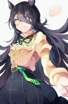 Rule 34 | 1girl, absurdres, ahoge, animal ears, black hair, black ribbon, black skirt, blush, breasts, casual, closed mouth, commentary request, ear tag, earrings, frilled shirt, frills, frown, hair between eyes, head steam, highres, horse ears, horse girl, jewelry, long bangs, long hair, long hair between eyes, long sleeves, manhattan cafe (casual) (umamusume), manhattan cafe (umamusume), multicolored hair, neck ribbon, pout, ra mun5239, ribbon, shirt, shirt tucked in, single earring, skirt, small breasts, solo, umamusume, white hair, yellow eyes, yellow shirt