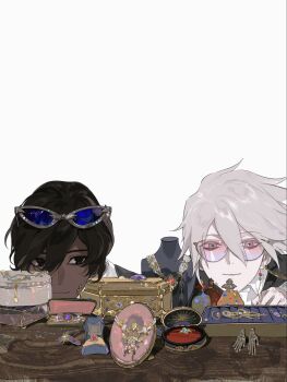 2boys arjuna_(fate) black_eyes black_hair blue-tinted_eyewear blue_eyes closed_mouth dark-skinned_male dark_skin earrings eyeshadow eyeshadow_under_eye eyewear_on_head fate/grand_order fate_(series) gem grey-framed_eyewear grey_background hair_between_eyes highres jewelry jewelry_box karna_(fate) lome13056637464 looking_at_another looking_at_object makeup male_focus multiple_boys necklace pale_skin pink-tinted_eyewear red_eyeshadow ring ring_box round_eyewear short_hair simple_background smile sunglasses tinted_eyewear unworn_jewelry white_hair