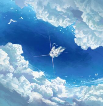1other above_clouds absurdres astronaut bird blue_sky cloud flare highres karasu_(hageabura-jr) original outdoors painting_(medium) reflection scenery sky solo traditional_media