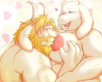 1boy 1girl artist_request asgore_dreemurr blonde_hair breast_sucking facial_hair furry goat hetero toriel undertale utdr_(toby_fox)