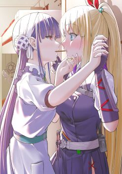 2girls absurdres belt belt_pouch blonde_hair blue_eyes blush commentary_request dagger dress eye_contact food heaven_burns_red highres holding_hands indoors interlocked_fingers kanzaki_adelheid knife looking_at_another metako_(slime_shop) multiple_girls pink_eyes pocky pocky_kiss ponytail pouch purple_dress purple_hair satsuki_mari shared_food twintails weapon white_dress yuri