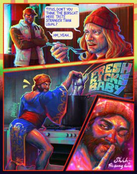 Rule 34 | 3boys, ;), arched back, beanie, blue robe, brown hair, brown shirt, character request, crossed arms, disco elysium, english text, facial hair, finger to mouth, grungesniper, harry du bois, hat, highres, holding, holding spoon, indoors, jacket, long sleeves, multiple boys, mutton chops, notice lines, one eye closed, pelvic curtain, robe, shirt, shushing, sleeveless, sleeveless jacket, smile, spoon, titus hardie, waistband, white jacket