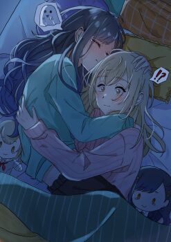 Rule 34 | !?, 2girls, aqua shirt, azusawa kohane, black hair, blue hair, blush, brown eyes, brown hair, character doll, closed mouth, commentary, cuddling, doll, gradient hair, hand on another's head, highres, hug, long hair, multicolored hair, multiple girls, night, pillow, pink shirt, project sekai, shiraishi an, shirt, sleeping, spoken interrobang, sweat, symbol-only commentary, under covers, yuri, zero (zero 2255)