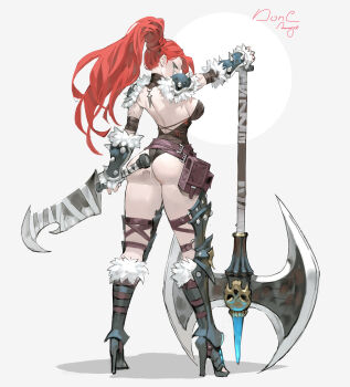 1girl absurdres arm_guards armor arowana2111 ass asymmetrical_dual_wielding axe backless_leotard barbarian battle_axe belt belt_pouch black_leotard breasts brown_belt cuisses dual_wielding expressionless female_barbarian from_behind fur_trim greaves green_eyes hand_on_hilt high_heels high_ponytail highres holding holding_sword holding_weapon leotard looking_at_viewer looking_back medium_breasts original pauldrons planted planted_axe ponytail pouch red_hair sabaton shoulder_armor solo spikes standing sword weapon