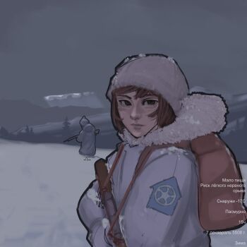 1boy 1girl ash_arts backpack bag beanie bolt_action brown_eyes brown_hair coat fur_trim gameplay_mechanics grey_sky gun gun_sling hat highres lee-enfield looking_at_viewer pawn_(rimworld) rifle rimworld russian_text short_hair sky snow tree weapon white_coat winter