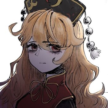 Rule 34 | 1girl, bags under eyes, black dress, black hat, blonde hair, chinese clothes, closed mouth, commentary request, crescent, dalachi (headdress), dress, exhausted, hair between eyes, hat, junko (touhou), korean commentary, long hair, looking to the side, lovelobten, red eyes, sad, solo, tabard, touhou, very long hair, white background