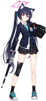 1girl animal_ear_fluff animal_ears arm_at_side armband assault_rifle bag beretta_ar70/90 bike_shorts black_gloves black_hair black_shoes black_skirt black_socks blue_archive blue_jacket blue_necktie blue_ribbon buttons cat_ears cat_girl closed_mouth collared_shirt cross-laced_shoes dirty dirty_clothes duffel_bag female_focus full_body game_asset gloves gun hair_ribbon half-closed_eyes halo hand_up headset holding holding_bag holding_gun holding_weapon hwansang id_card jacket knee_brace large_variant_set layered_sleeves legs long_hair long_sleeves looking_at_viewer loose_necktie messy_hair miniskirt necktie official_art pigeon-toed pink_halo plaid_clothes plaid_skirt pleated_skirt pocket red_eyes ribbon rifle school_uniform scope serika_(blue_archive) shirt shirt_partially_tucked_in shoes sidelocks simple_background skirt slit_pupils sneakers socks solo standing tachi-e thighs third-party_source torn_clothes torn_gloves torn_jacket torn_necktie torn_shoes torn_skirt torn_socks transparent_background trigger_discipline twintails two-sided_gloves variant_set very_long_hair watch weapon white_shirt wristwatch