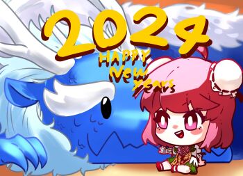Rule 34 | 1girl, bandaged arm, bandages, blue skin, blush, bun cover, chibi, chibi only, colored skin, commentary request, double bun, dragon, dragon horns, eastern dragon, eastern dragon horns, flower, hair bun, happy new year, highres, horns, ibaraki kasen, korean commentary, lovelobten, new year, open mouth, pink eyes, pink hair, rose, short hair, short sleeves, skirt, smile, tabard, touhou