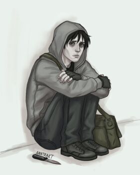 Rule 34 | 1boy, absurdres, anntrakt, bag, bags under eyes, black gloves, black hair, cry of fear, curled up, exhausted, fingerless gloves, full body, gloves, grey hoodie, hand on own arm, highres, hood, hood up, hoodie, hugging own legs, knife, looking to the side, male focus, pale skin, short hair, shoulder bag, simon henriksson, sitting, solo