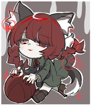 1girl animal_ear_fluff animal_ears black_shoes braid cat_ears cat_girl cat_tail chibi commentary_request full_body glowing glowing_eye grey_background hall_jion kaenbyou_rin multiple_tails outline red_eyes red_hair shoes side_braids simple_background solo tail touhou twin_braids two_tails white_outline yarn yarn_ball