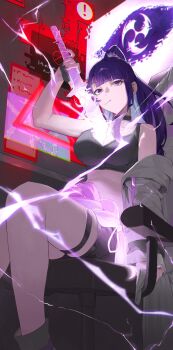 1girl alternate_costume alternate_hairstyle alternate_universe bare_legs bare_shoulders black_bra black_choker black_shoes black_shorts blue_pupils blunt_bangs bra braid braided_ponytail breasts candy chair choker cleavage coat collarbone computer drawing_sword electricity flower flower_ornament food food_in_mouth from_below genshin_impact glowing glowing_hair glowing_sword glowing_weapon gradient_hair grey_coat hai_chao_li hair_ribbon head_tilt high_ponytail highres holding holding_sword holding_weapon hoyofair huge_breasts human_scabbard indoors jewelry lollipop lollipop_in_mouth long_braid looking_to_the_side mixed-language_commentary mole mole_under_eye monitor multicolored_eyes multicolored_hair musou_isshin_(genshin_impact) navel off_shoulder on_chair open_clothes open_coat ponytail purple_eyes purple_flower purple_hair purple_nails purple_ribbon raiden_shogun red_background ribbon shade shoes shorts sign single_braid sitting solo stomach sword sword_between_breasts thighlet thighs tomoe_(symbol) underwear warning_sign weapon