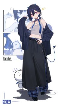 1girl 1other absurdres alternate_costume alternate_hairstyle bare_shoulders belt blue_hair blue_jacket blue_nails blue_necktie blue_pants bob_cut breasts bright_pupils camisole character_name closed_mouth clothing_request collarbone commentary_request crop_top demon_girl demon_horns demon_tail demon_wings double-parted_bangs ear_piercing earrings full_body grey_camisole hair_between_eyes hand_on_own_hip hand_up highres horns ichinose_uruha ichinose_uruha_(4th_costume) jacket jacket_partially_removed jewelry looking_at_viewer low_ponytail medium_breasts multicolored_hair nail_polish navel necklace necktie notice_lines open_mouth pants piercing ponytail print_necktie purple_eyes raised_eyebrows shoes shooting_star short_hair simuyutou sleeveless slit_pupils spaghetti_strap standing star_(symbol) streaked_hair tail virtual_youtuber vspo! white_pupils wings zoom_layer