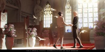 2boys altar animal artist_name bird black_hair blonde_hair bouquet carpet church day dove draco_malfoy english_text flower flying full_body handkerchief harry_potter harry_potter_(series) holding_hands indoors jacket light_particles looking_at_another male_focus ming_cha multiple_boys pocket_square red_carpet shoes short_hair stained_glass standing statue vase window wizarding_world yaoi