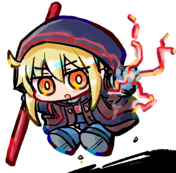 Rule 34 | 1girl, artoria pendragon (fate), blonde hair, blue shoes, bright pupils, chibi, chibi only, commentary request, fate/grand order, fate (series), full body, hair between eyes, hood, hood up, hooded jacket, jacket, jumping, kasuga yuuki, looking at viewer, mysterious heroine x alter (fate), orange eyes, parted lips, shoes, simple background, solo, white background, white pupils