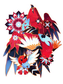 absurdres beak black_eyes black_feathers black_sclera colored_sclera evolutionary_line feathers fletchinder fletchling floral_print flower gen_6_pokemon highres multicolored_eyes nintendo no_humans orange_eyes orange_feathers ou331 outline pokemon pokemon_(creature) pokemon_focus red_feathers red_flower simple_background talonflame talons white_background white_feathers wings yellow_eyes