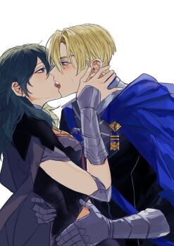 Rule 34 | 1boy, 1girl, blonde hair, blue cape, blue eyes, blush, breasts, cape, couple, dimitri alexandre blaiddyd, female byleth (fire emblem), fire emblem, fire emblem: three houses, french kiss, from side, garreg mach monastery uniform, gauntlets, hetero, highres, hug, kiss, matchi (ginger.8), medium breasts, medium hair, nintendo, side cape, simple background, tongue, white background