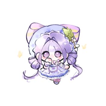 Rule 34 | 1girl, absurdly long hair, ankle bow, ankle ribbon, apron, bare shoulders, blunt bangs, bow, bow apron, bowtie, bug, butterfly, chibi, chinese commentary, commentary request, country lolita, detached sleeves, double bun, dress, fengmi youzi hua, flower, frilled dress, frilled headwear, frilled sleeves, frilled wrist cuffs, frills, hair bun, hair intakes, hand on own face, hat, hat bow, hat flower, hat ornament, highres, infinity nikki, insect, lace-trimmed apron, lace trim, large bow, leaf hat ornament, light blush, lolita fashion, long hair, looking at viewer, low twintails, medium dress, mob cap, nikki (series), no mouth, pink bow, pink bowtie, plaid clothes, plaid sleeves, puffy short sleeves, puffy sleeves, purple bow, purple dress, purple eyes, purple hair, purple hat, purple shoes, purple sleeves, purple wrist cuffs, ribbon, shoes, short sleeves, simple background, single stripe, solo, standing, striped bow, tareme, twintails, very long hair, waist apron, wavy hair, whispers of bliss (infinity nikki), white apron, white background, white flower, wrist cuffs, yellow butterfly