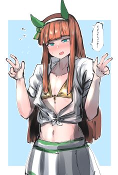 Rule 34 | absurdres, animal ears, bikini, blush, collarbone, collared shirt, commentary request, double v, ear covers, flat chest, gold bikini, green eyes, hair ornament, hairband, highres, hime cut, horse ears, horse girl, kanikama25, long hair, looking down, navel, nervous sweating, open mouth, orange hair, outside border, ribbon, shirt, silence suzuka (umamusume), simple background, skirt, sweat, swimsuit, umamusume, v, white shirt, white skirt, yellow ribbon