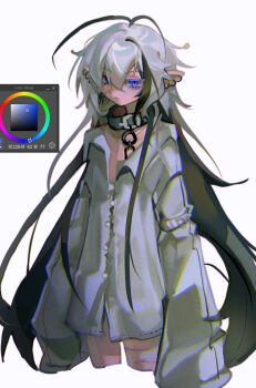 1boy antenna_hair art_program_in_frame black_collar blue_eyes chain chain_leash closed_mouth cloud_(lufaeris) collar commentary cropped_legs double-parted_bangs ear_piercing english_commentary grey_hair grey_shirt hair_between_eyes highres leash long_hair long_sleeves looking_at_viewer male_focus original oversized_clothes oversized_shirt piercing shirt simple_background solo very_long_hair white_background